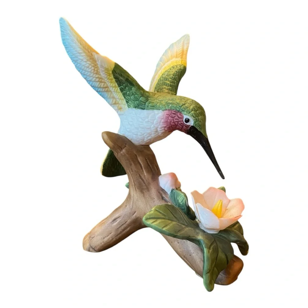 Vintage Porcelain Ruby-Throated Hummingbird Flower Figurine
